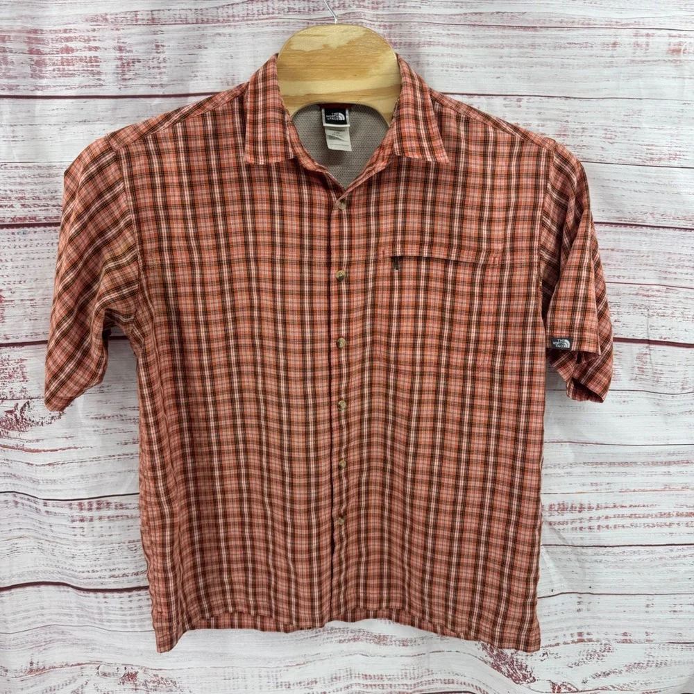 The North Face Shirt Mens Large Orange Plaid Short Sleeve Button Up Hiking